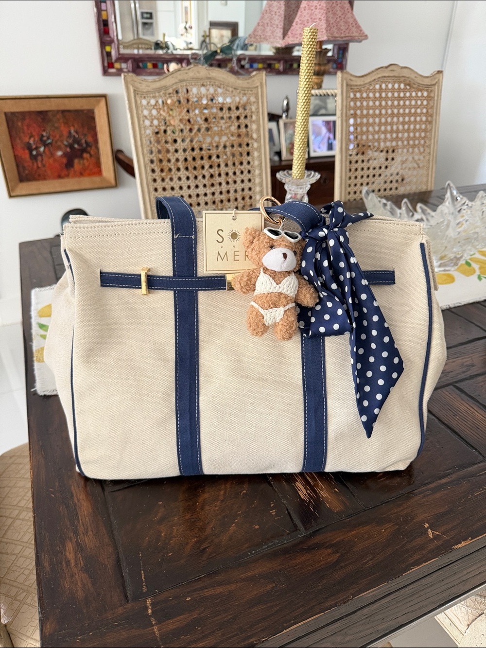 Sol & Mer "Boatkin" Cream & Navy Canvas Tote Bag & Polka Dot Scarf & Bear Charm